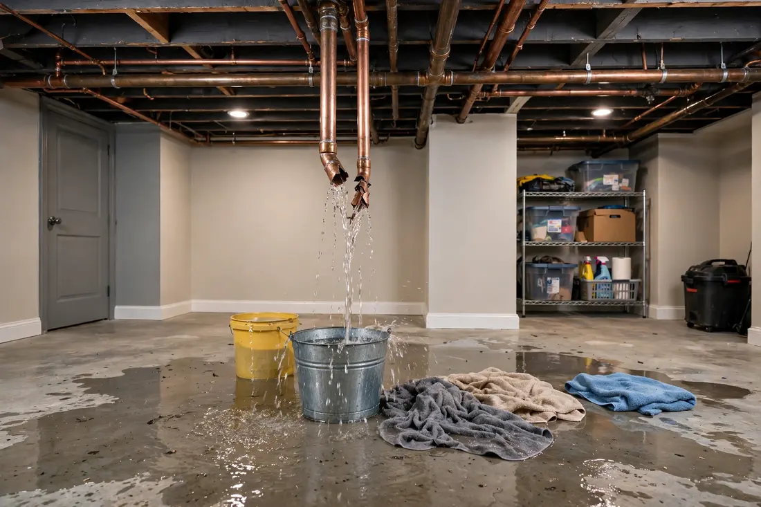 A basement with water damage from a burst pipe, before the repair