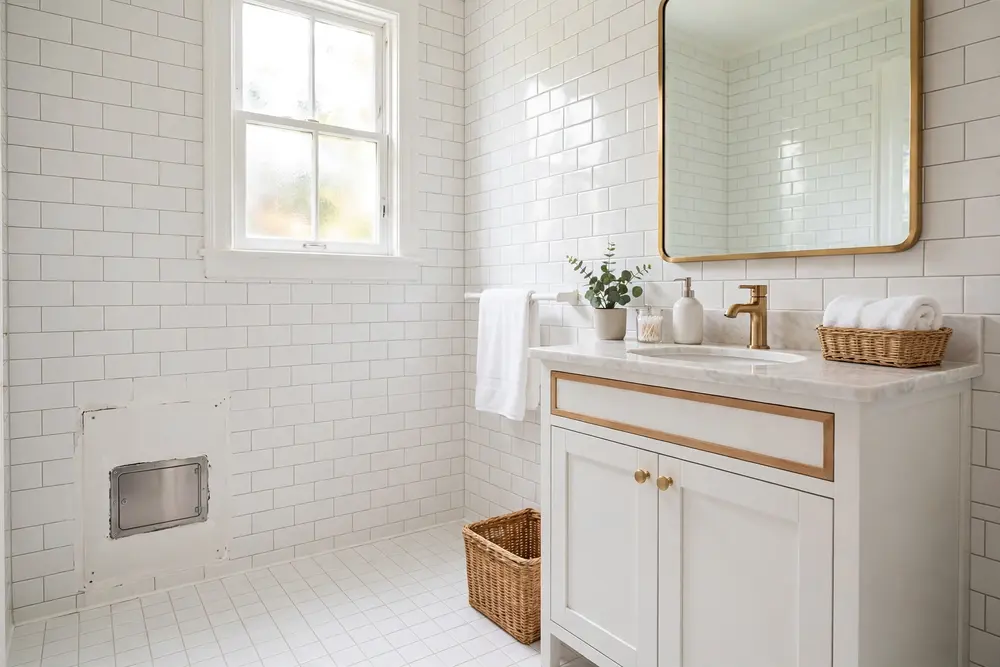The same bathroom dry and restored after the burst pipe repair