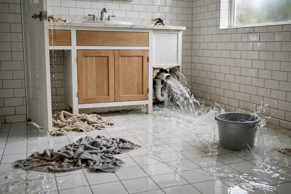 A bathroom with water damage from a burst pipe, before the repair