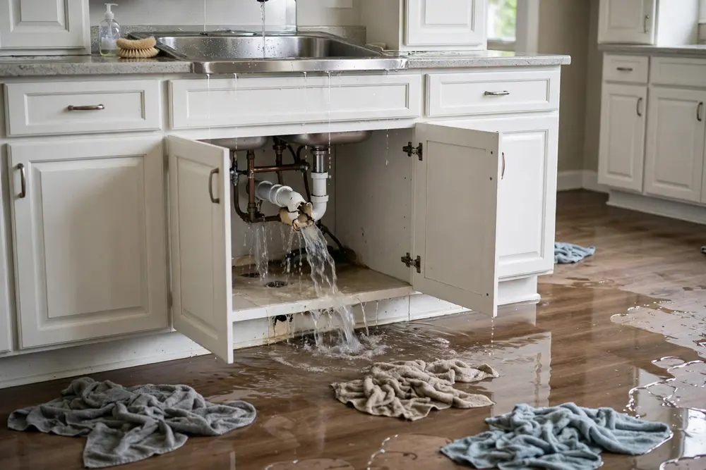 A kitchen with water damage from a burst pipe, before the repair
