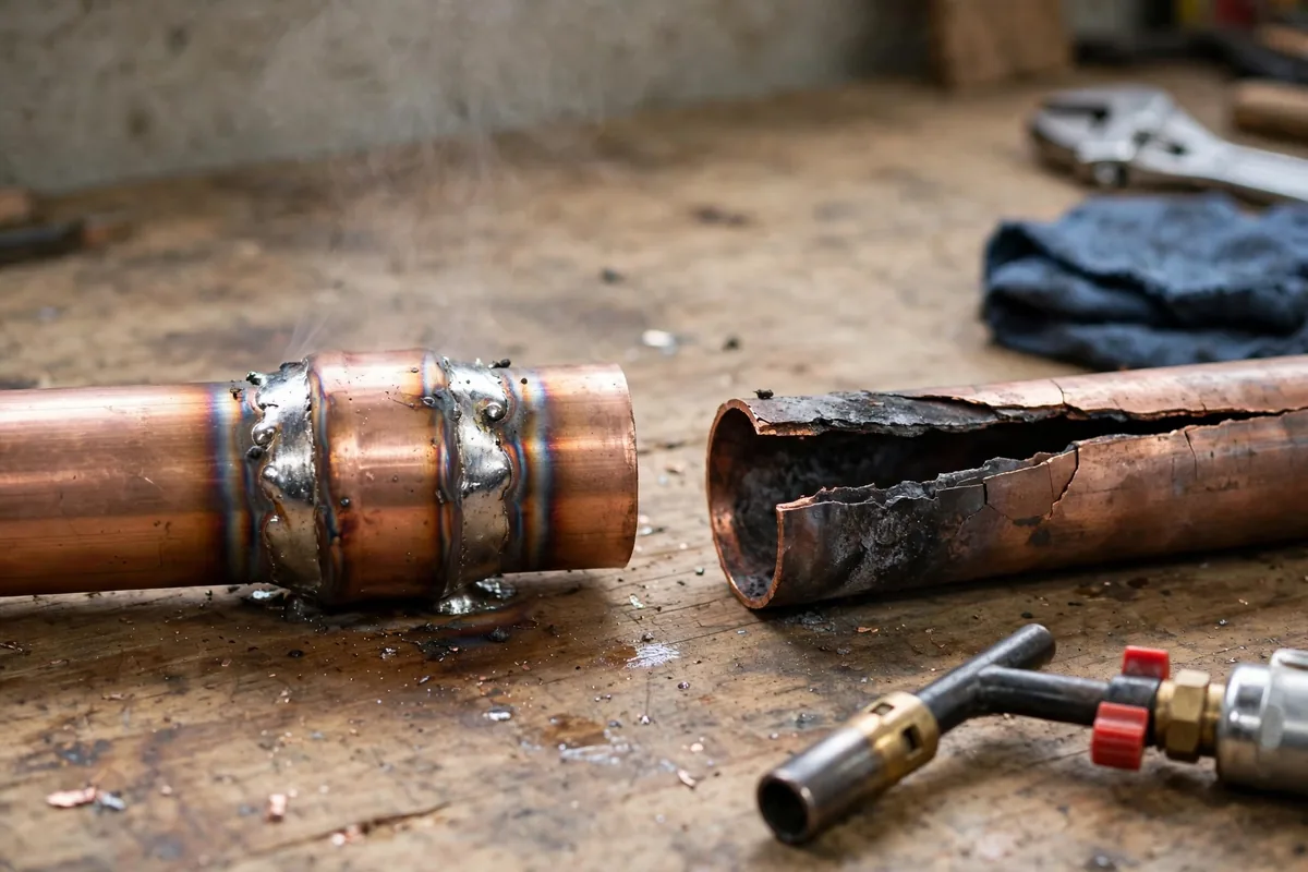 Repair Burst Copper Pipe — A Freshly Soldered Copper Joint Cooling Beside The Cut-Out Split Section