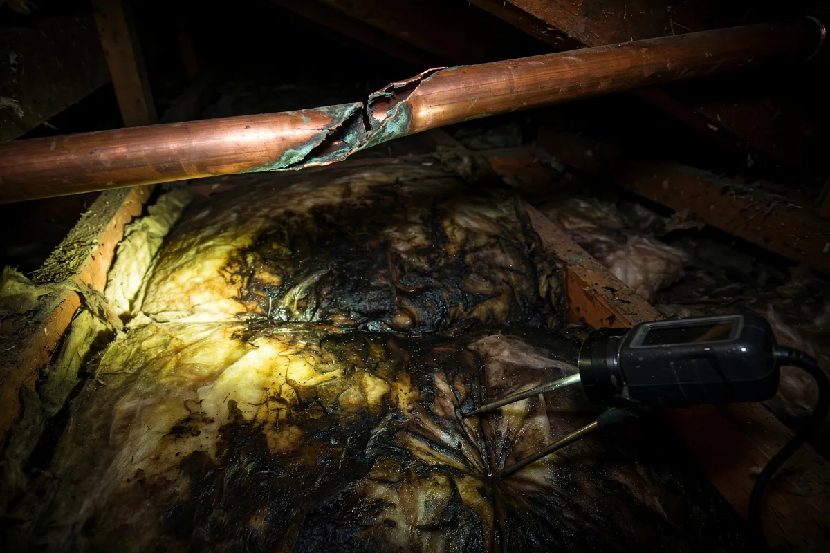 Burst Pipe In Attic — A Split Pipe Section Above Insulation With Water-Stained Batt Below