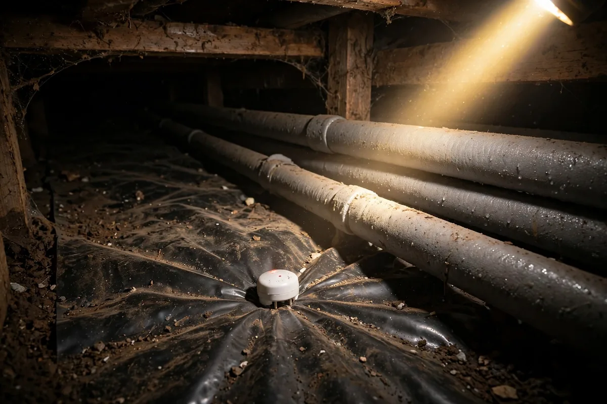Burst Pipe In Crawl Space — A Water Alarm Sensor Sitting At The Low Point Under A House