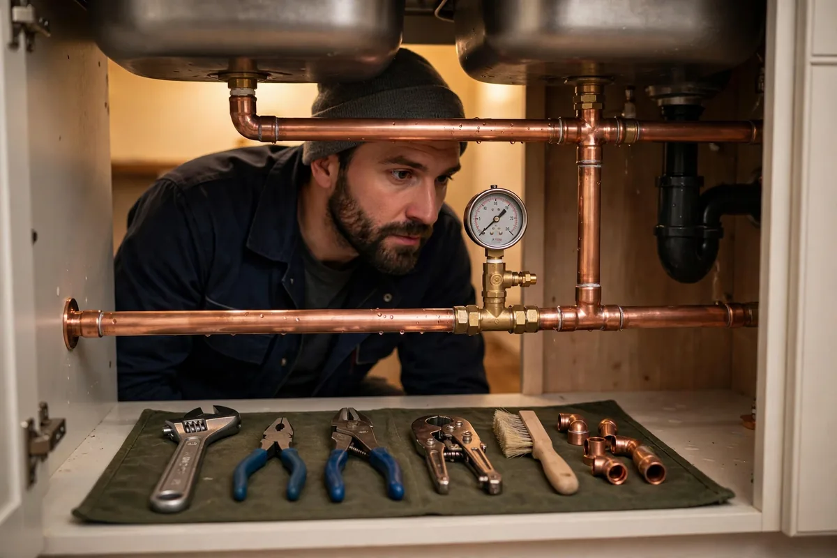 Burst Pipe Plumber — A Pro Pressure-Testing A Newly Fitted Pipe Section