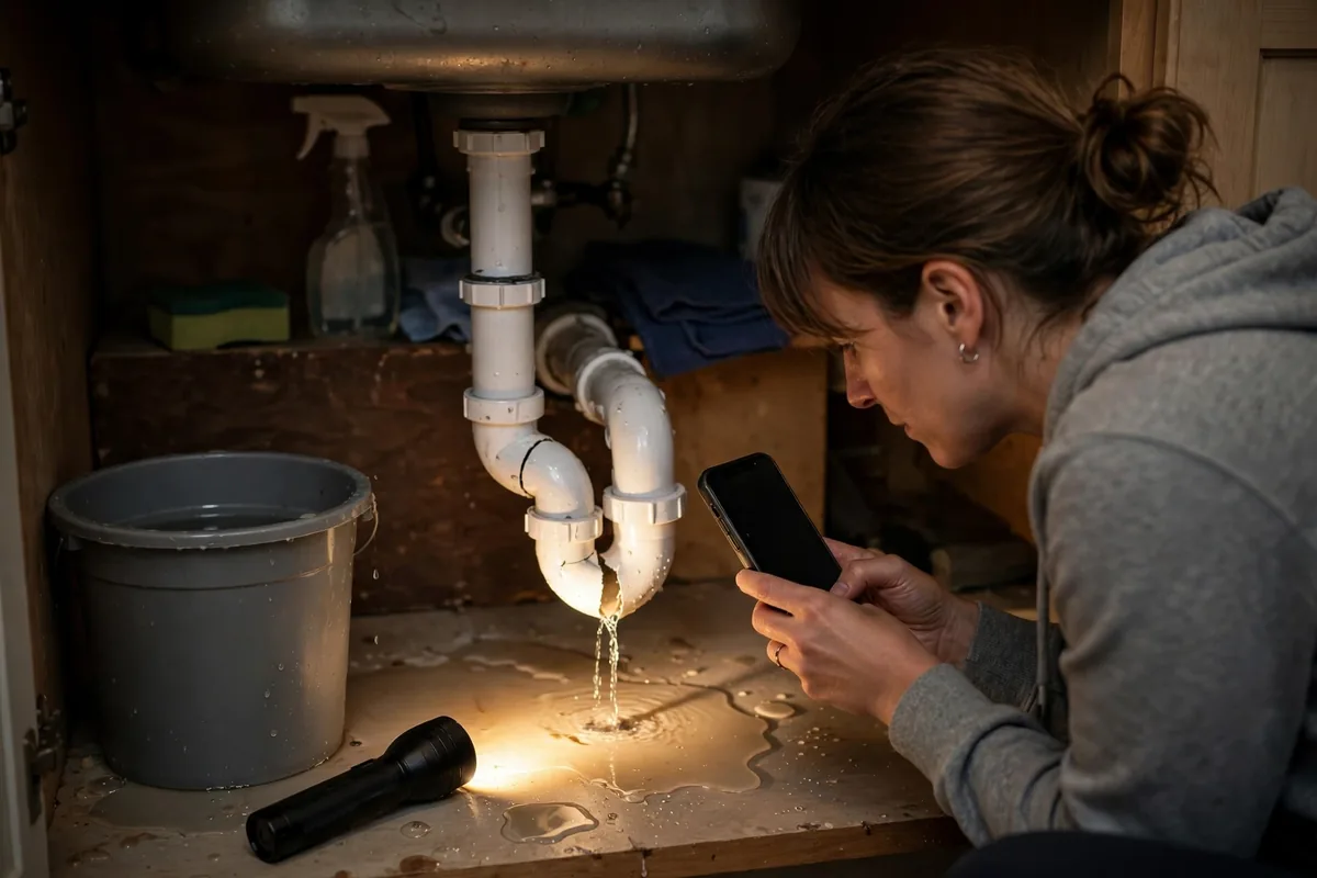 What Do I Do If a Pipe Bursts — A Phone Photographing A Burst Pipe Under A Rental Sink