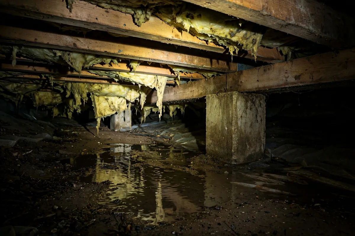 What Happens When a Pipe Bursts Under Your House — Standing Water On Crawl Space Ground Beside A Floor Joist