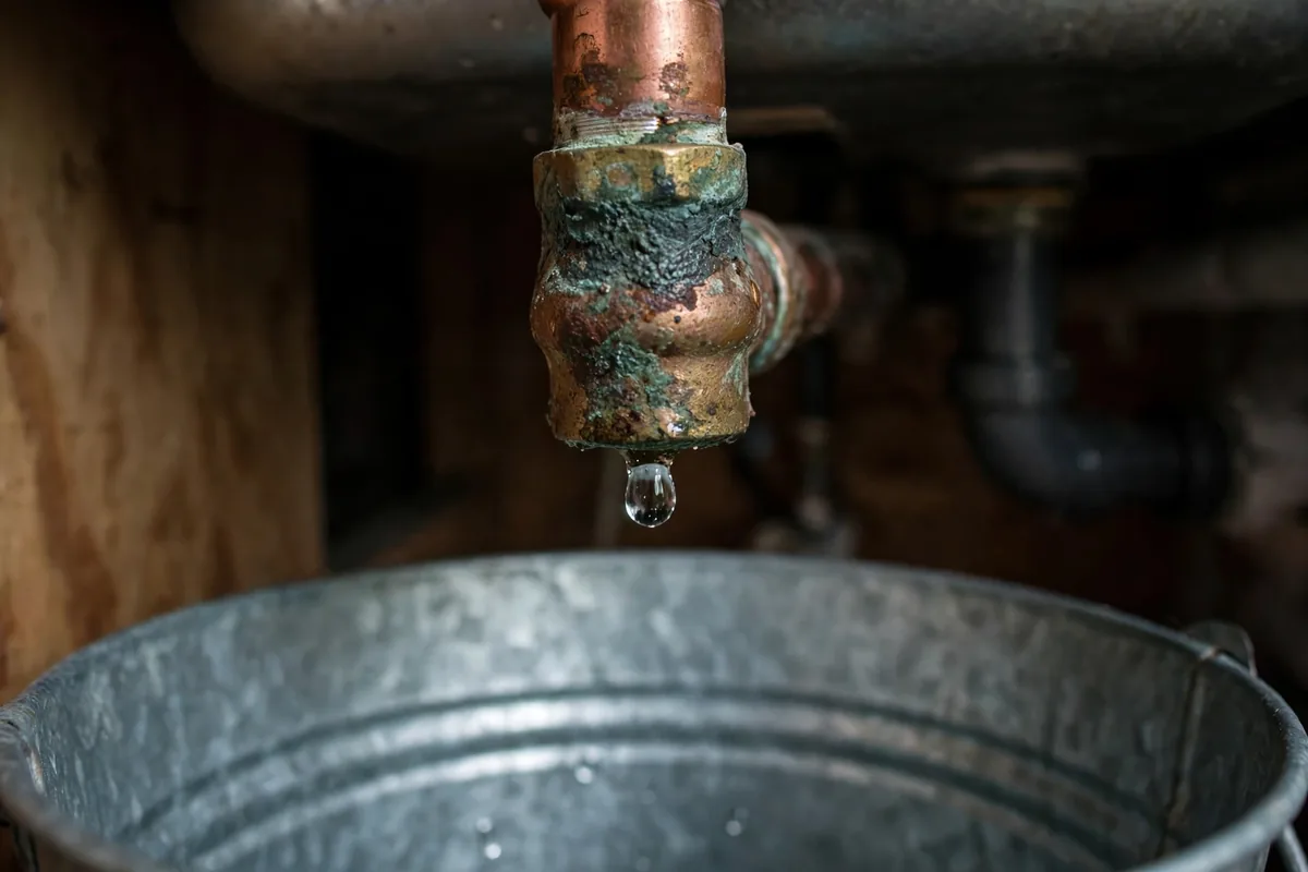 Pipe Leak Repair — A Single Drip Falling From A Corroded Pipe Joint Into A Bucket