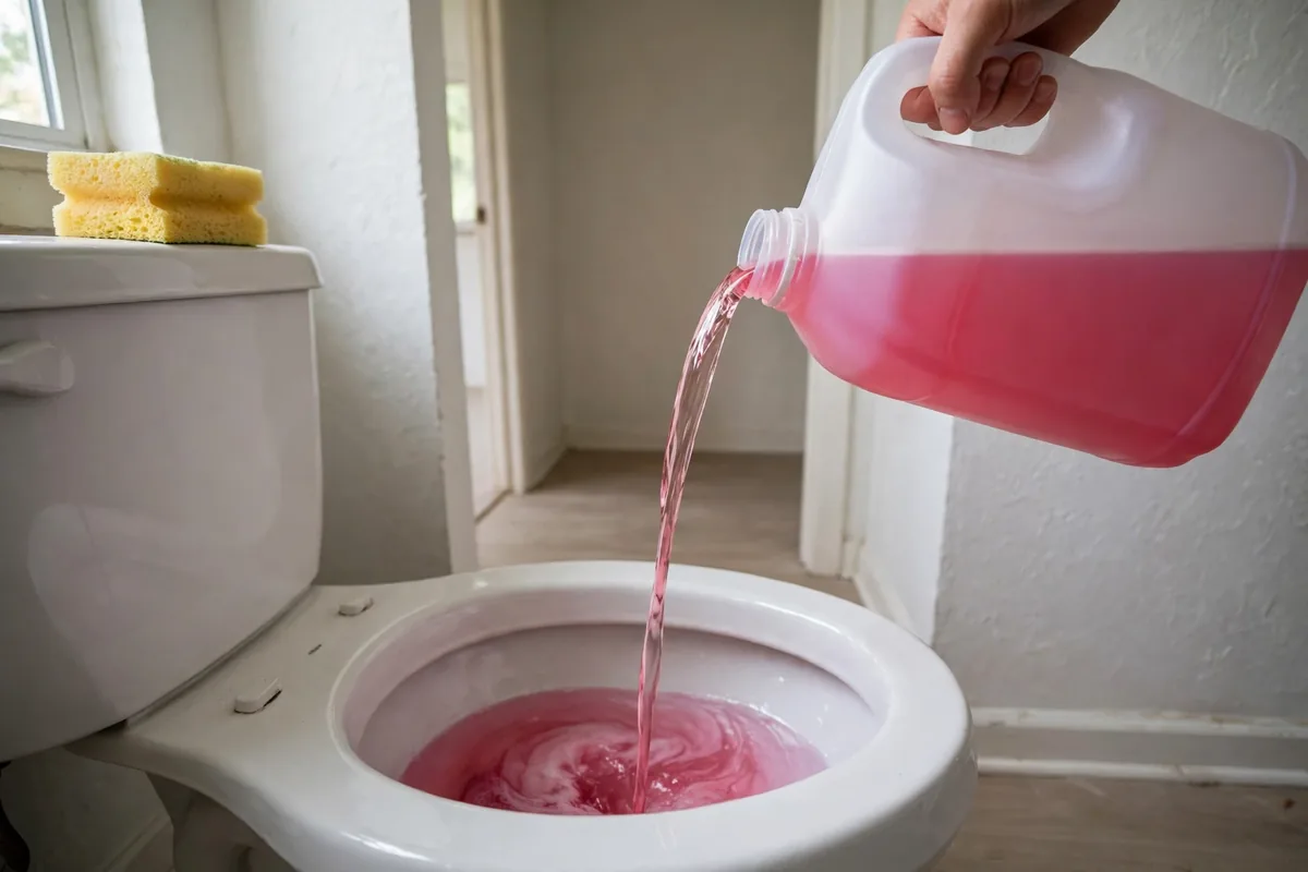 Winterize Empty House Pipes — Plumbing Antifreeze Being Poured Into A Toilet Bowl