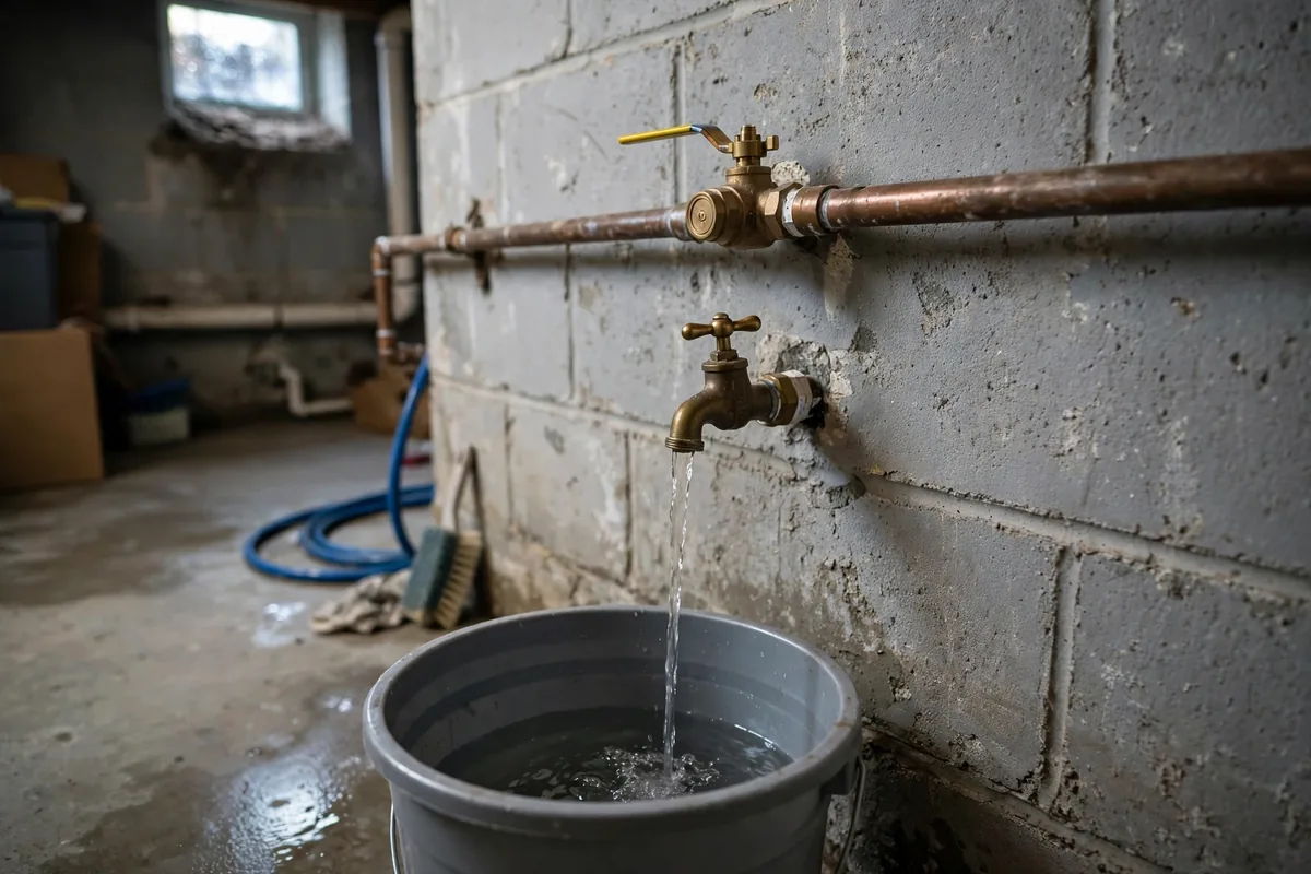 Can a Pipe Burst If the Water Is Off — Water Draining From An Open Low Tap Into A Bucket
