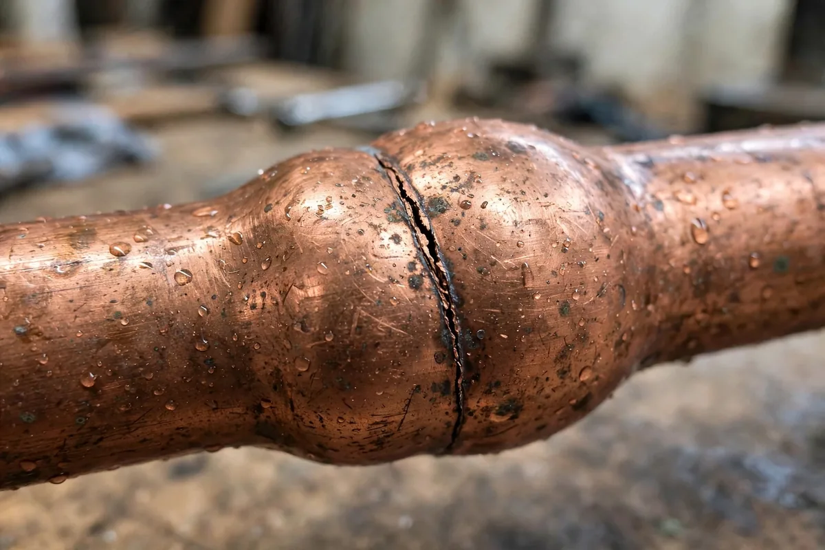 Frozen Pipe Repair — A Visible Bulge In A Copper Pipe Where Ice Stretched The Wall