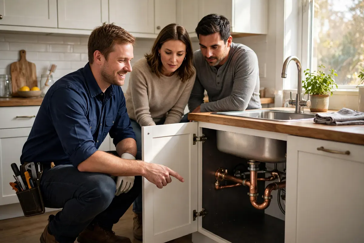 Burst Pipe Repair Near Me — a pro explaining a finished repair to a homeowner