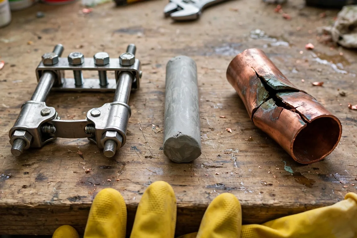 How To Fix a Broken Pipe — A Pipe Repair Clamp And Epoxy Putty Beside A Cut-Out Damaged Section