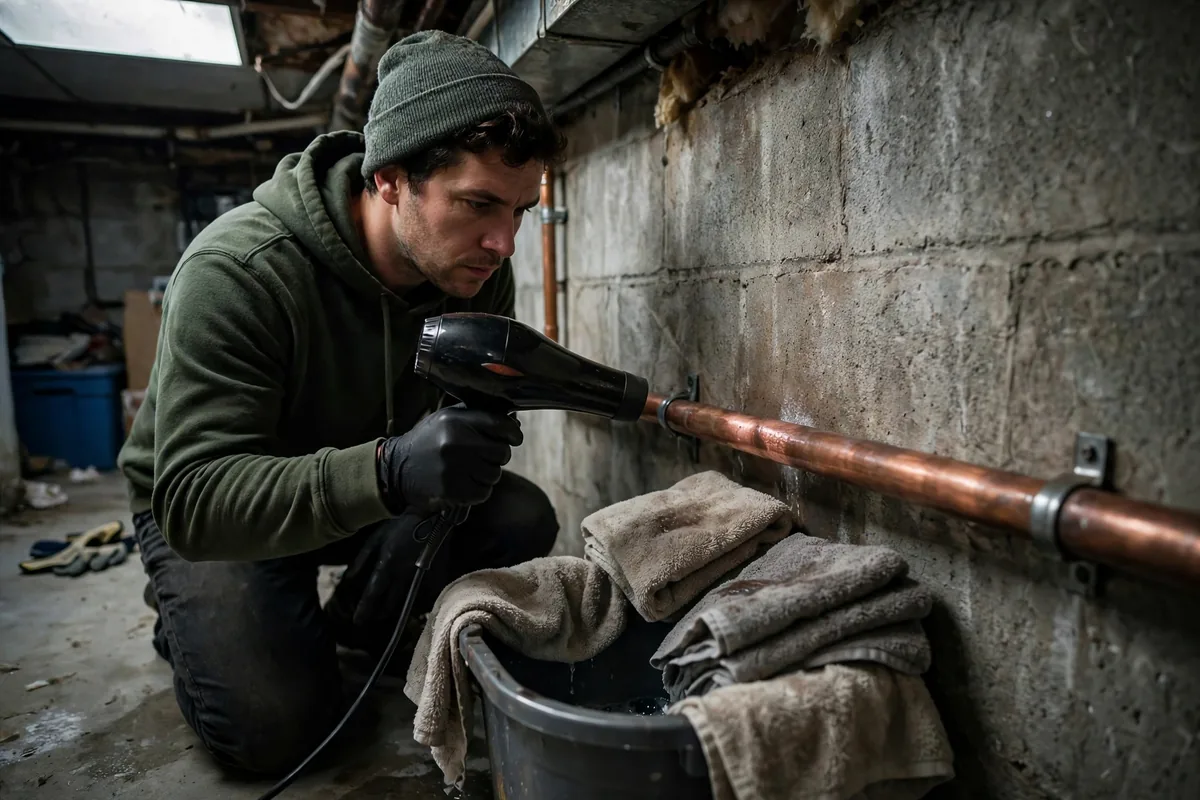 Frozen Pipe Thawing — A Hair Dryer On A Low Setting Warming A Pipe Section Slowly