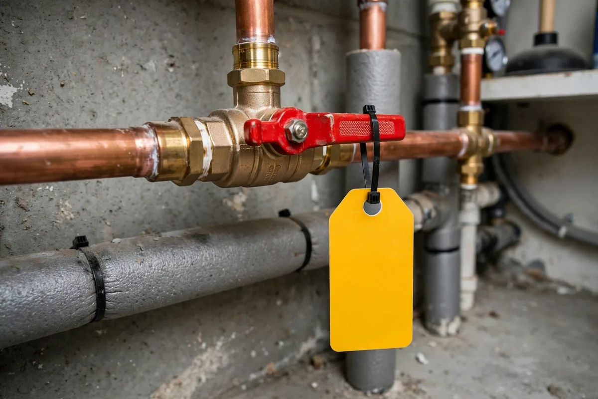 How To Turn Off Water If Pipes Burst — A Tagged Ball Valve Lever On A Home's Main Line