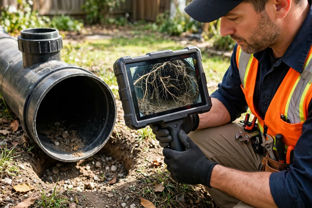 Main Water Line Replacement — A Pipe Camera Screen Showing Roots Inside An Underground Line