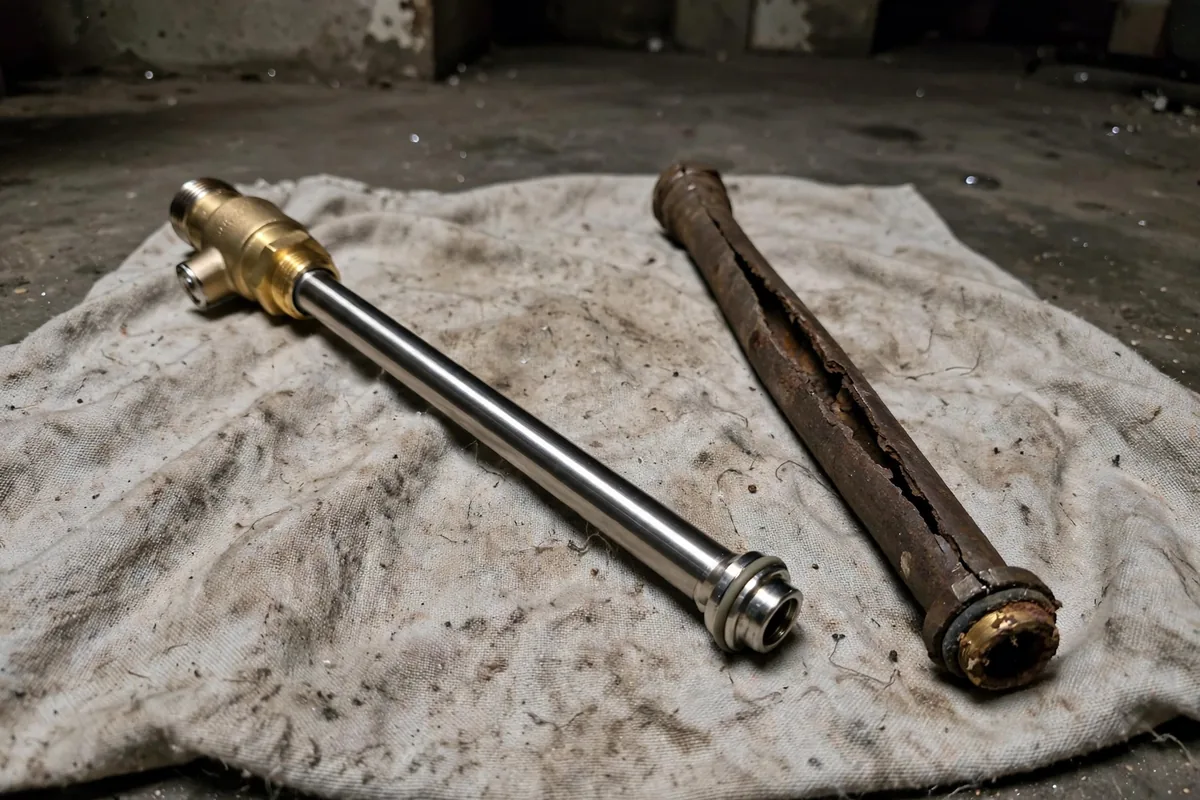 Frost Free Sillcock Burst — The Long Stem Of A Frost-Free Tap Beside Its Split Predecessor