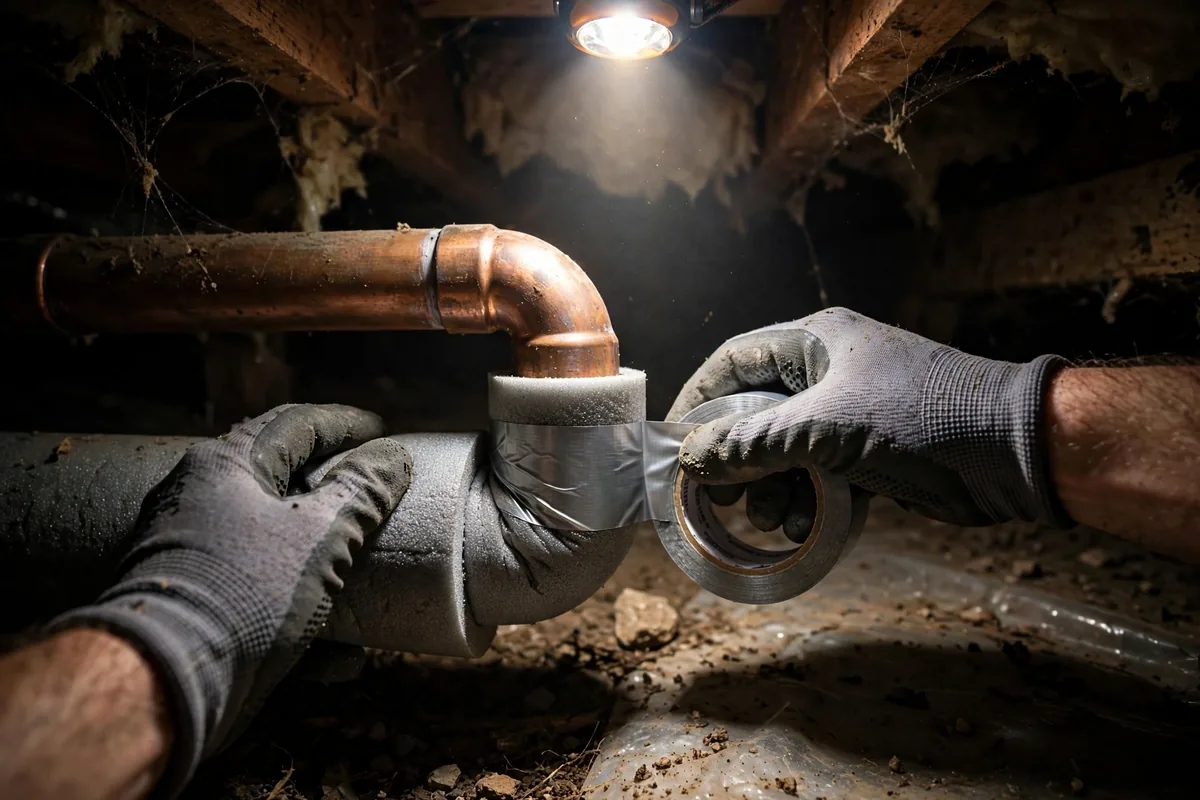 Pipe Insulation — Hands Wrapping An Elbow Fitting With Insulation Tape