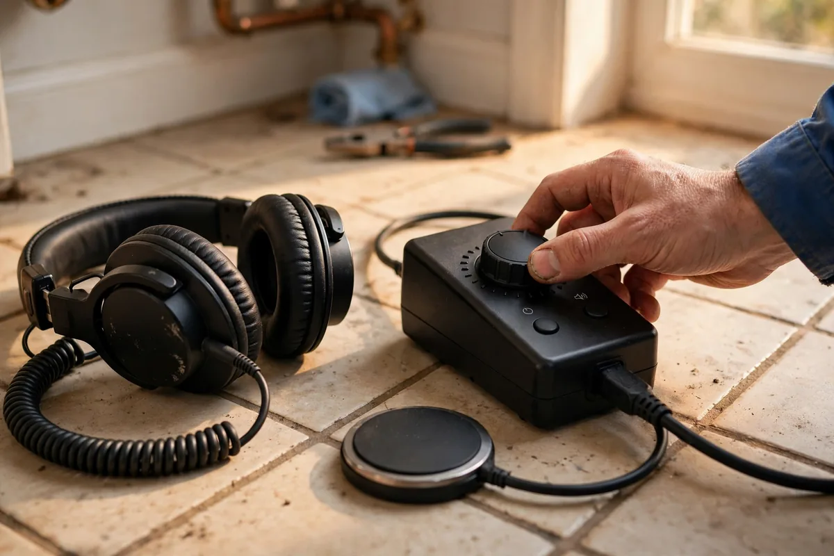 Slab Leak Repair — Acoustic Listening Equipment On A Tile Floor Above A Buried Leak