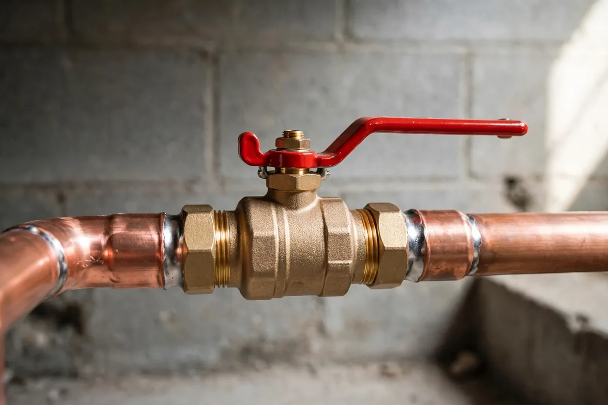 Water Shut Off Valve Replacement — A New Brass Ball Valve With Its Lever Handle Open