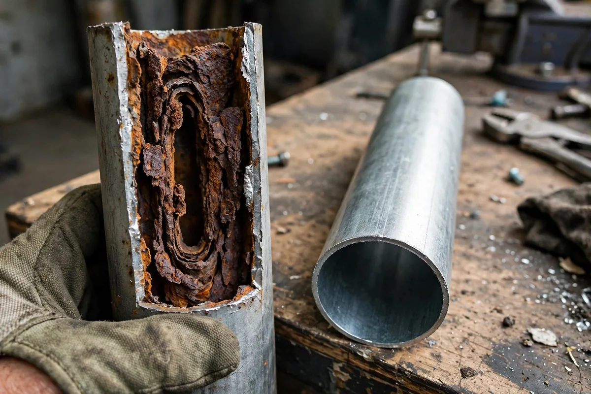 What Causes a Burst Pipe — A Corroded Galvanized Section With Scale Narrowing Its Bore