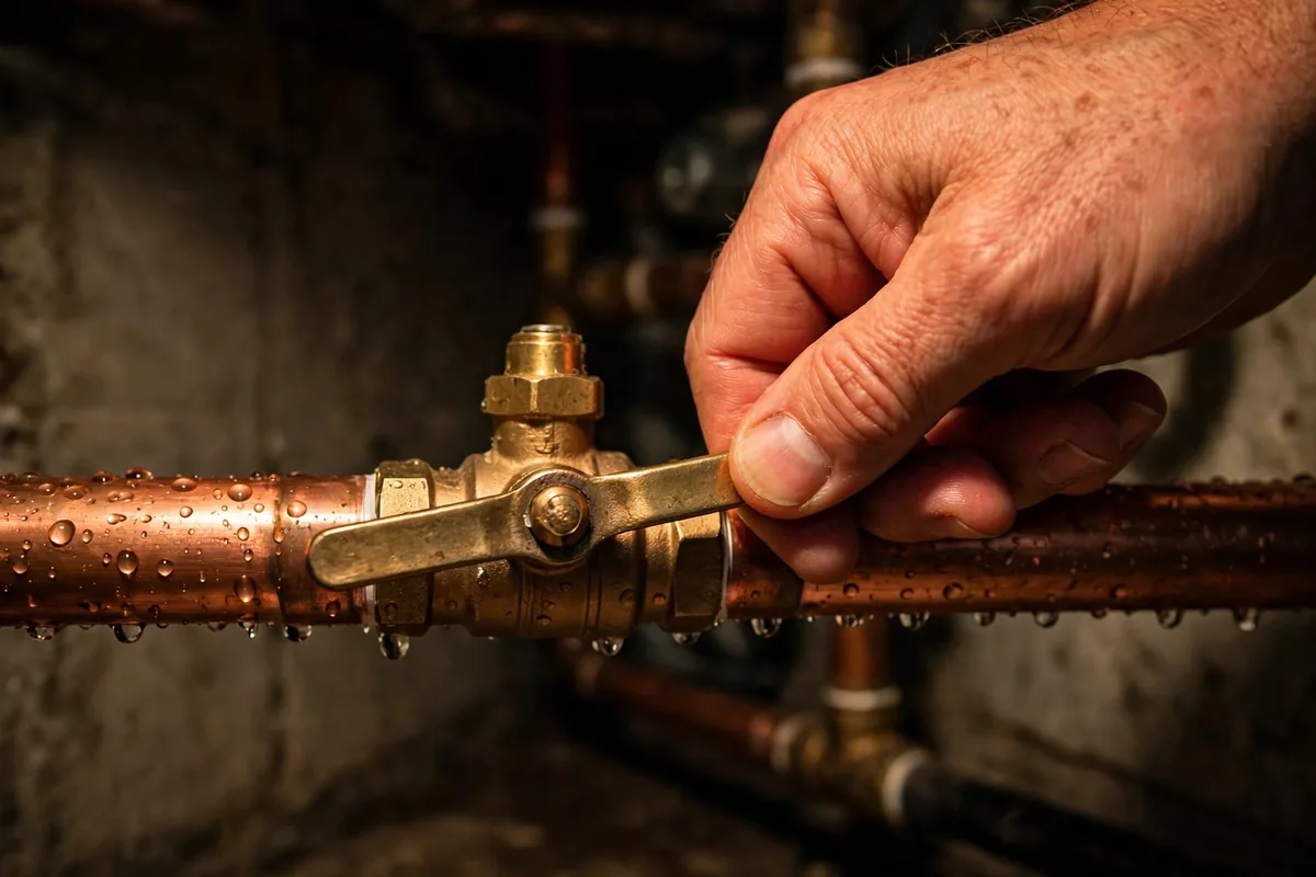 Emergency Pipe Repair — A Hand Closing The Main Shut-Off Valve In A Hurry