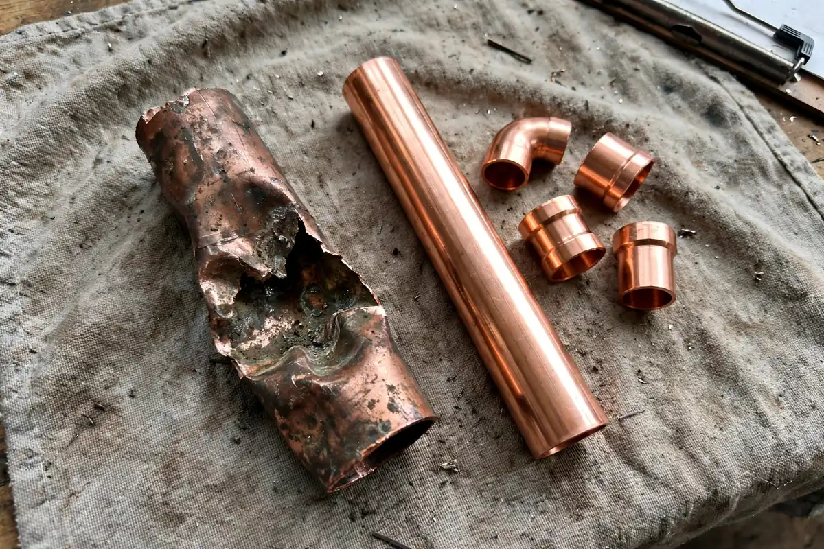 How Much Does It Cost For a Burst Pipe — The Cut-Out Damaged Section Beside A New Pipe Section