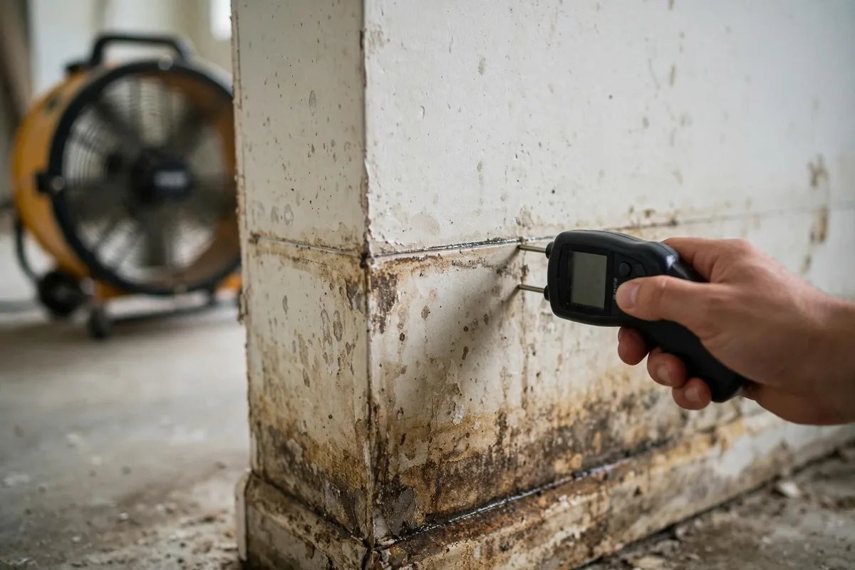 What Happens If Your Pipes Burst — A Moisture Meter Reading Damp In A Water-Stained Wall